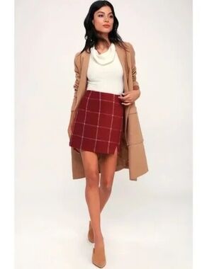 Lulus- Spence Wine Red Plaid Mini Skirt- Small